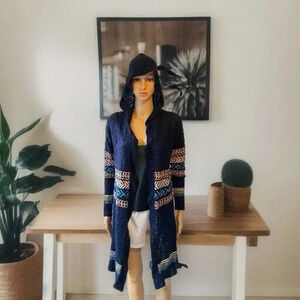 Eyeshadow Hoodie Cardigan Sweater OpenFront Womens S Navy Aztec Long Grunge Knit